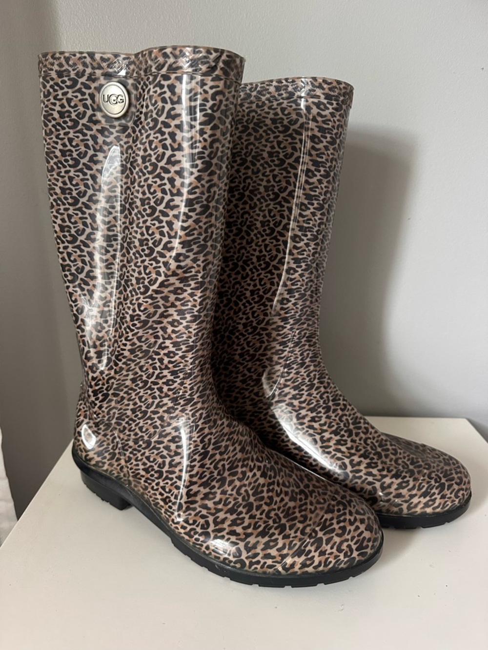 UGG Leopard-Print Tan and Black Rain Boots